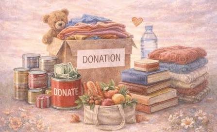 Illustration of a donation box with clothes, books, food and a teddy bear