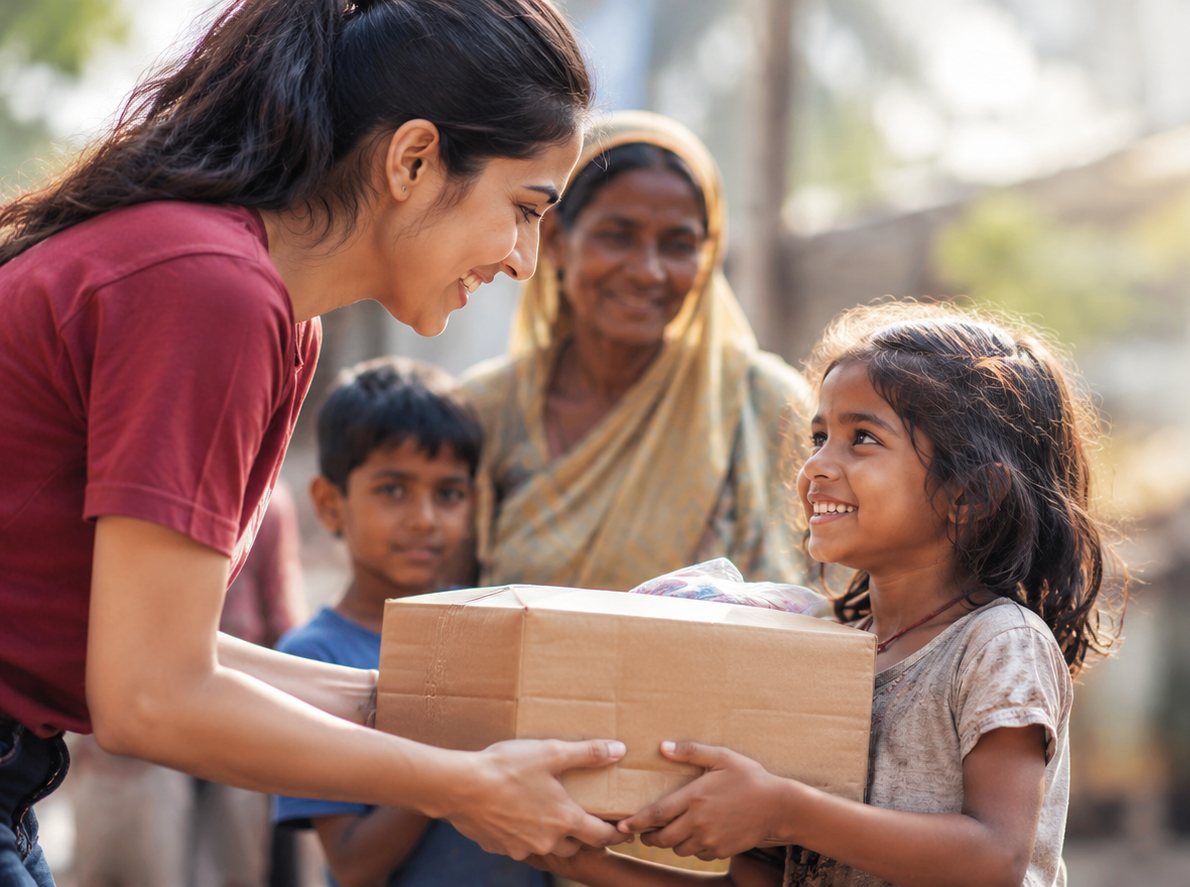 A volunteer hands a donation box to a smiling girl while her family looks on