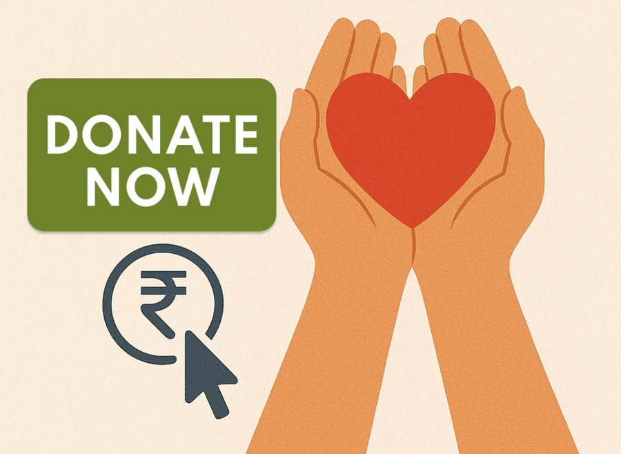 Illustration of hands holding a heart beside a Donate Now button and a rupee cursor
