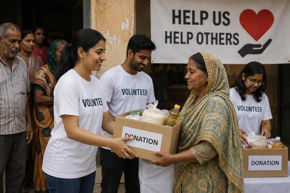 Volunteers handing a donation box of rations to a woman at a relief drive